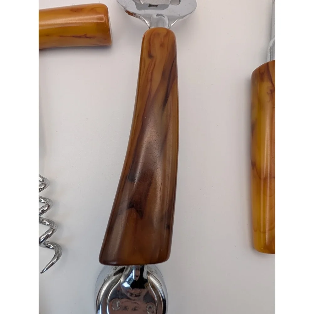 Vintage Bakelite 4 piece Barware Set Cocktail‎ Strainer Corkscrew Bottle Opener